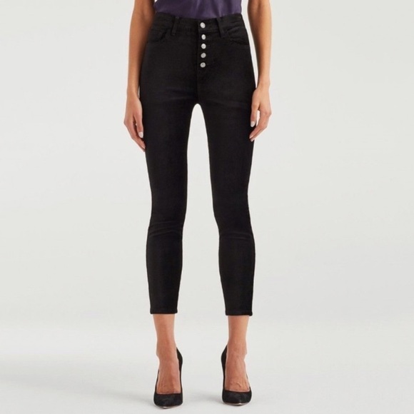 NEW 7 For All Mankind High Rise Velvet Skinny Pants w/ Exposed Button Fly Black - Picture 1 of 10
